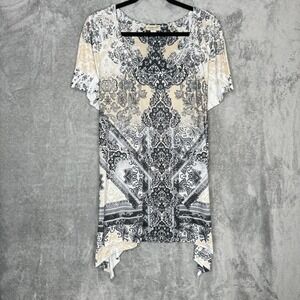 One World 2X Top Shirt Black Paisley Scoop Neck Short Sleeve Asymmetrical Knit